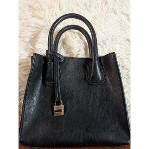 Black Faux Leather Mini Handbag With Gold Hardware & Double Handles